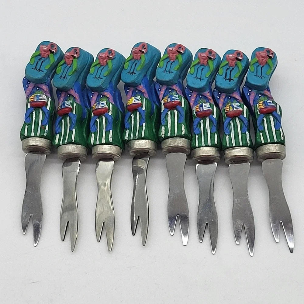 Appetizer Forks Novelty Flip Flops Flamingo & Fish Summer Cocktail Set Of 8
